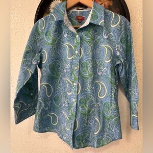 Talbots Haberdashery WRINKLE RESISTANT Blue PAISLEY 3/4 Sleeve Size  8 Petite